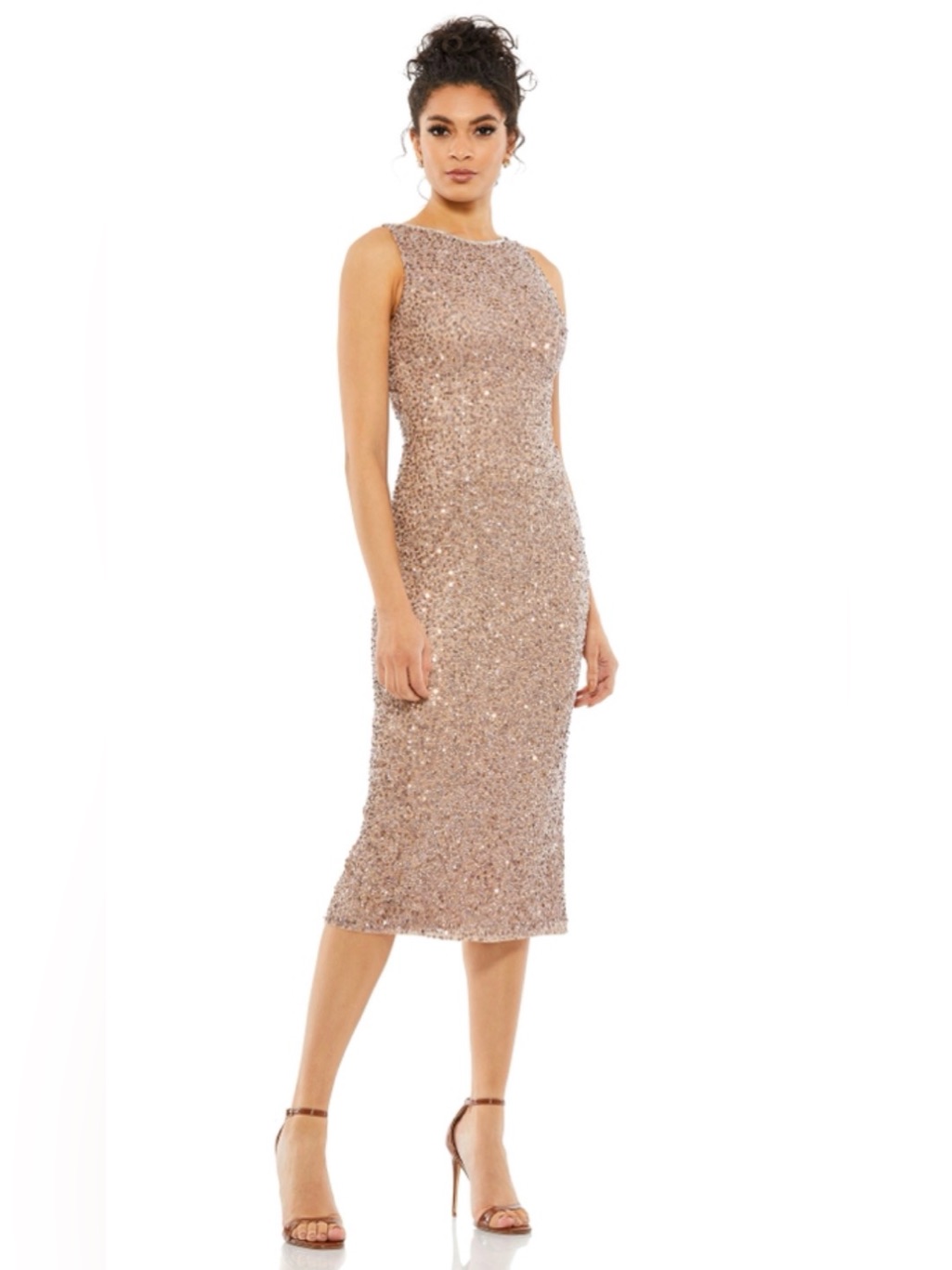 Mac Duggal Rose Gold Sequin Midi Sheath Dress